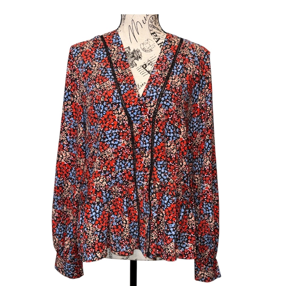 TOPSHOP Floral Print Button Front Peplum Blouse Long Sleeve US 4